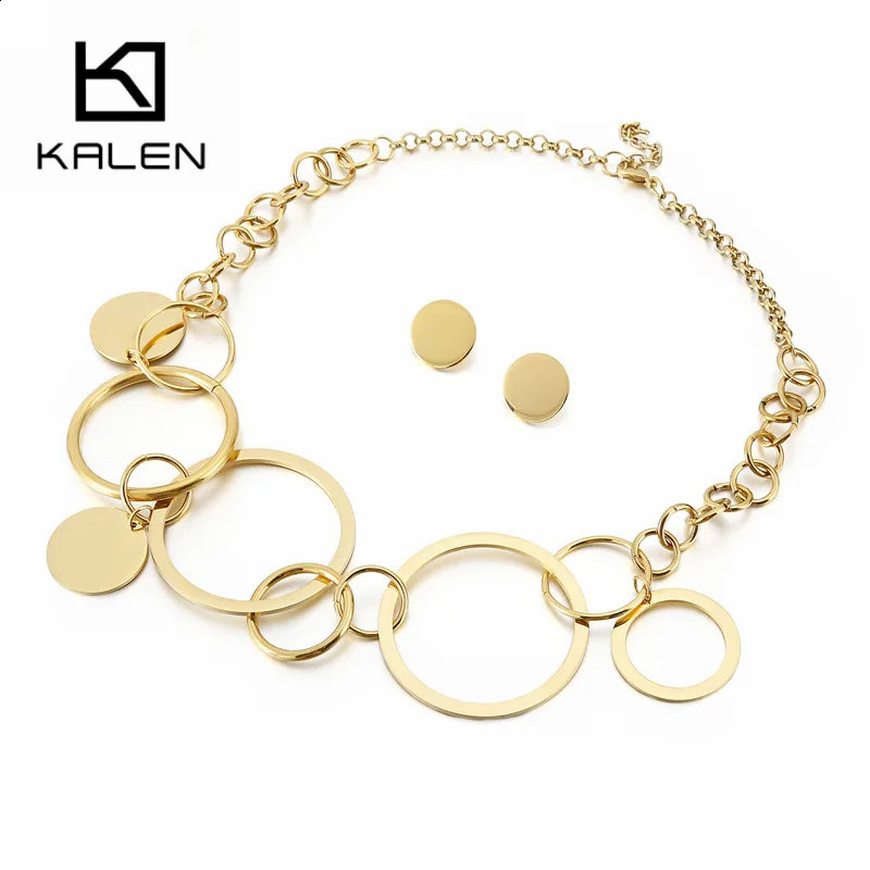 Kalen Creative Multiple Circles Jewelry Sets For Women Gold Stainless Steel Western Style Femme Choker Necklaces Earrings 241226