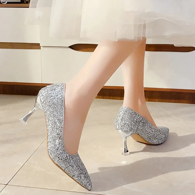 Glitter Pointed Womens Evening Party Wedding Shoes Dress Women Pumps Summer Stiletto Fashion Silver Thin High Heels 241228