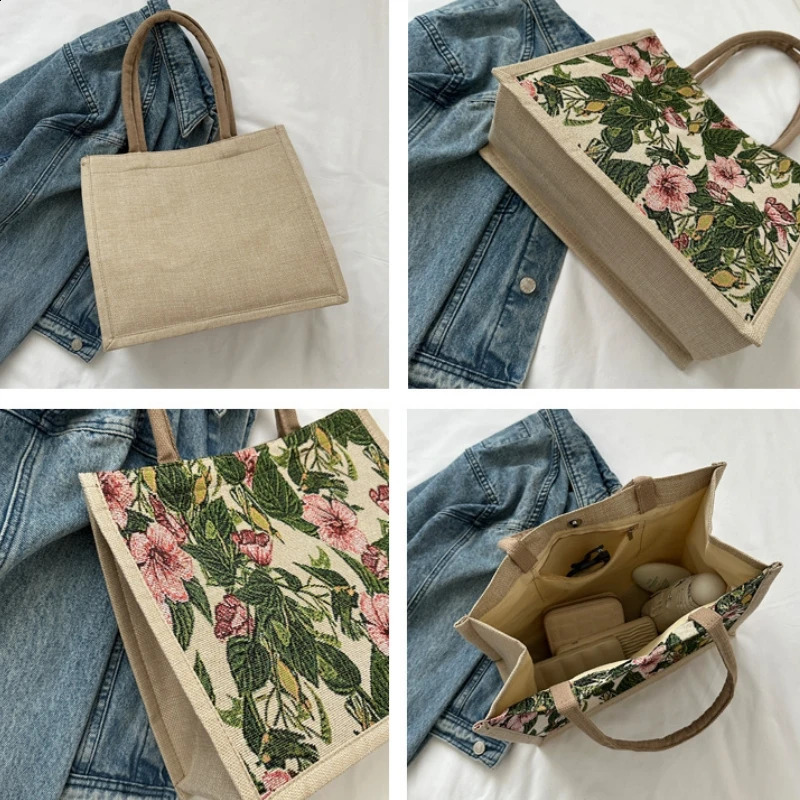 Linen Button Vintage Handbag Women Tote Large Capacity Grocery Bag Gift Bag Beach Organizer Portable Shopping Lunch Bag Retro 241227