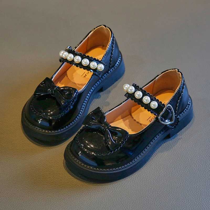 Mary Janes for Girls Spring Pearl Lolita Lovely Bowtie Black White Cover Toe Children Flat Shoes Patent Leather 27-37 Kids Shoe W241228