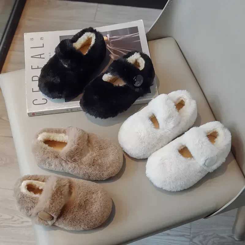 Kids Flat Shoes Fluffy Fur Warm Shallow New 2024 Winter Children Casual Shoes Hook-loop Cover Toe Comfy Girls Shoes W241228