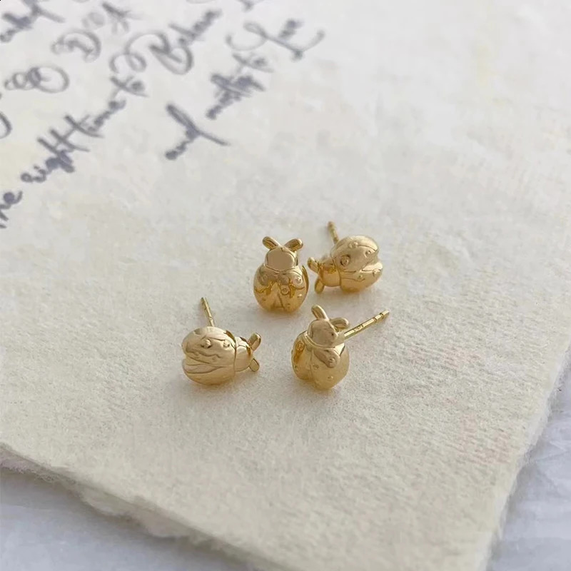 Real 18K Gold Bee ladybug Stud Earrings Pure AU750 Gold Cute Insect Earring for Women Fine Jewelry Gift 241226