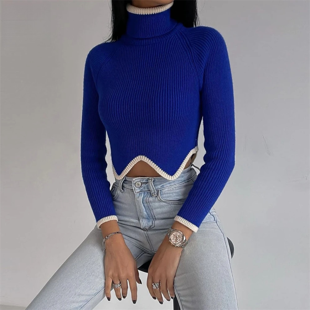 Y2k Turtleneck Crop Sweater For Winter Solid Knitted Long Sleeve Slim Pullovers Jumpers Knitwears Women Clothing