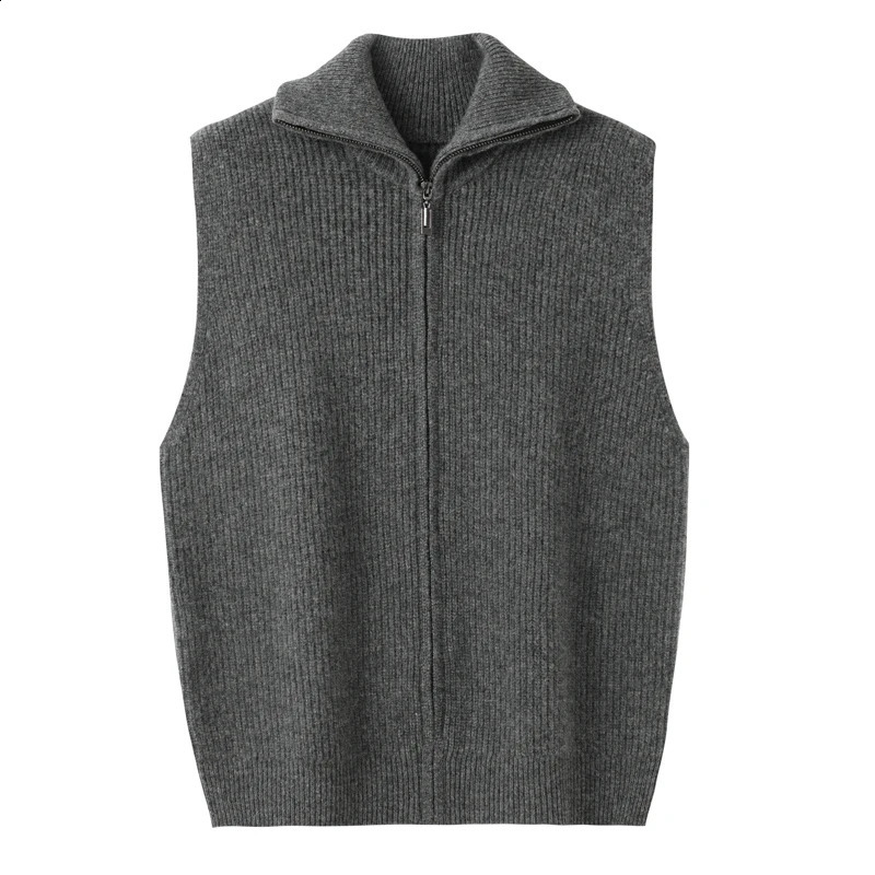 Women Cashmere Waistcoat Zippers Mock Neck Sweater Cardigan Autumn Winter 100% Merino Wool Knitted Striped Sleeveless Thick Vest 241228