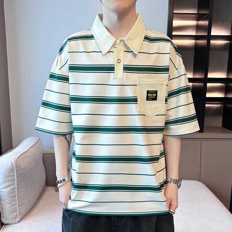 Mens Korean striped patchwork T-shirt summer casual loose half sleeved youthful and energetic shirt shirt X241228