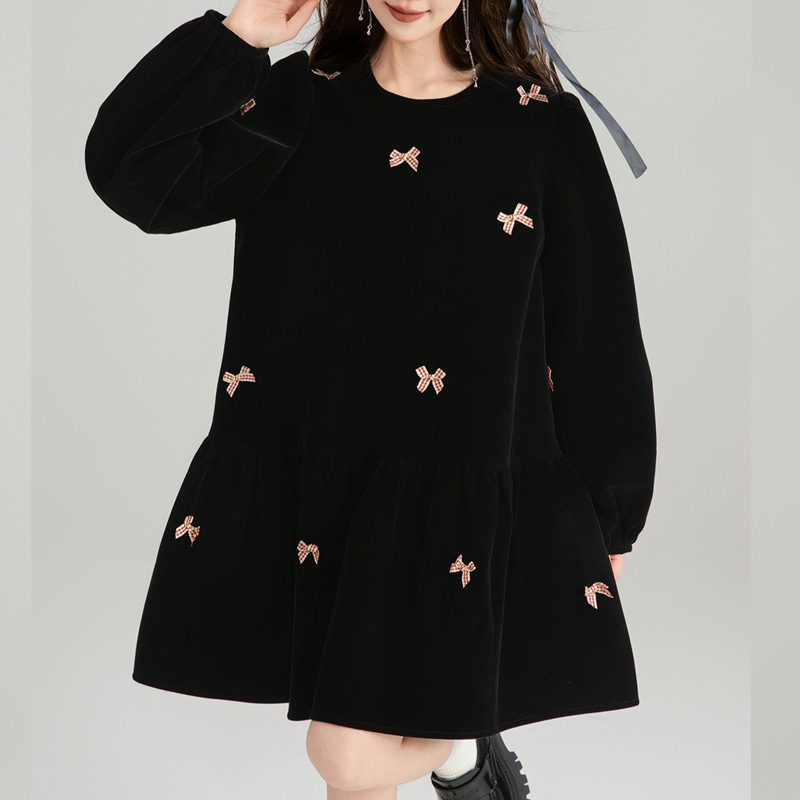 M826 Bowknot black velvet dress Spring 2024 new style high-end Qianjin style puff sleeve skirt