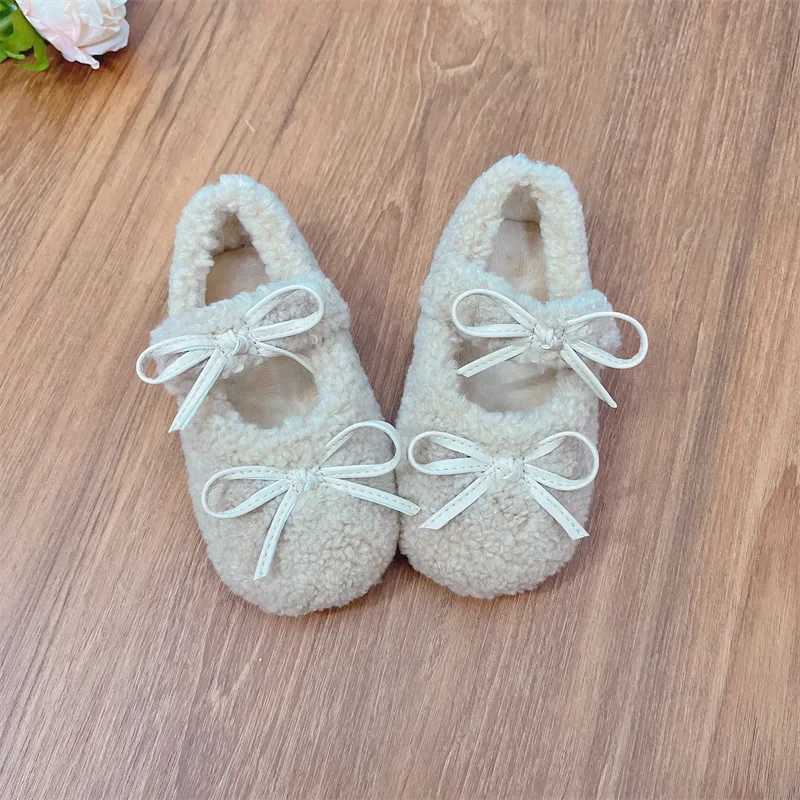 2024 Winter New Childrens Apartment Fashion Double Bow Knot Fur Cover Shoe Head Warm Childrens Casual Shoes Plush Warm Anti slip Mary Jane Shoes W2412
