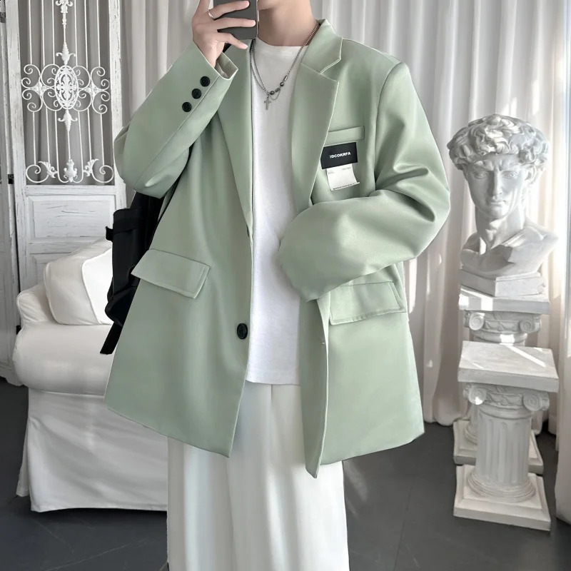 mens casual jacket solid label patch oversized streetwear Korean oversized suit mens jacket 241227