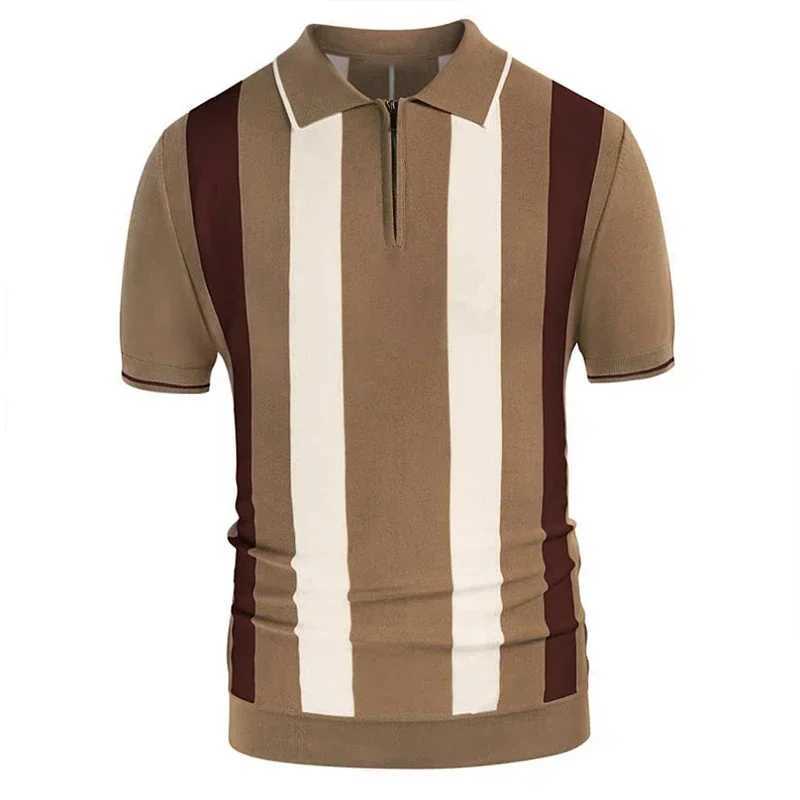 Summer zipper neck polar mens luxury knitted short sleeved shirt shirt casual street clothing striped patch work top fashionable knitted top X241228