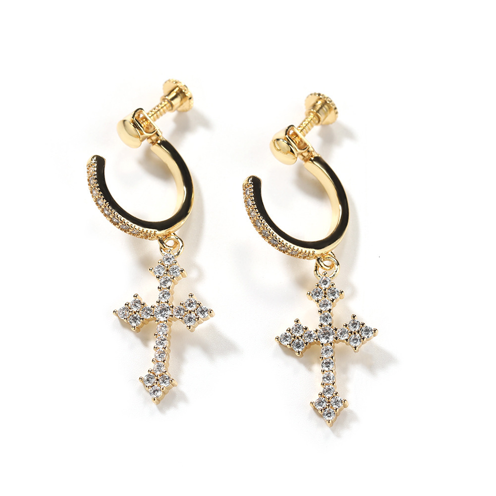 Hip Hop Spiral Buckle Cross Earrings For Men Versatile Street Punk Rock Rapper Ear Ring 14k Gold Prong Cubic Zirconia Nightclub Piercing Earrings Jewe