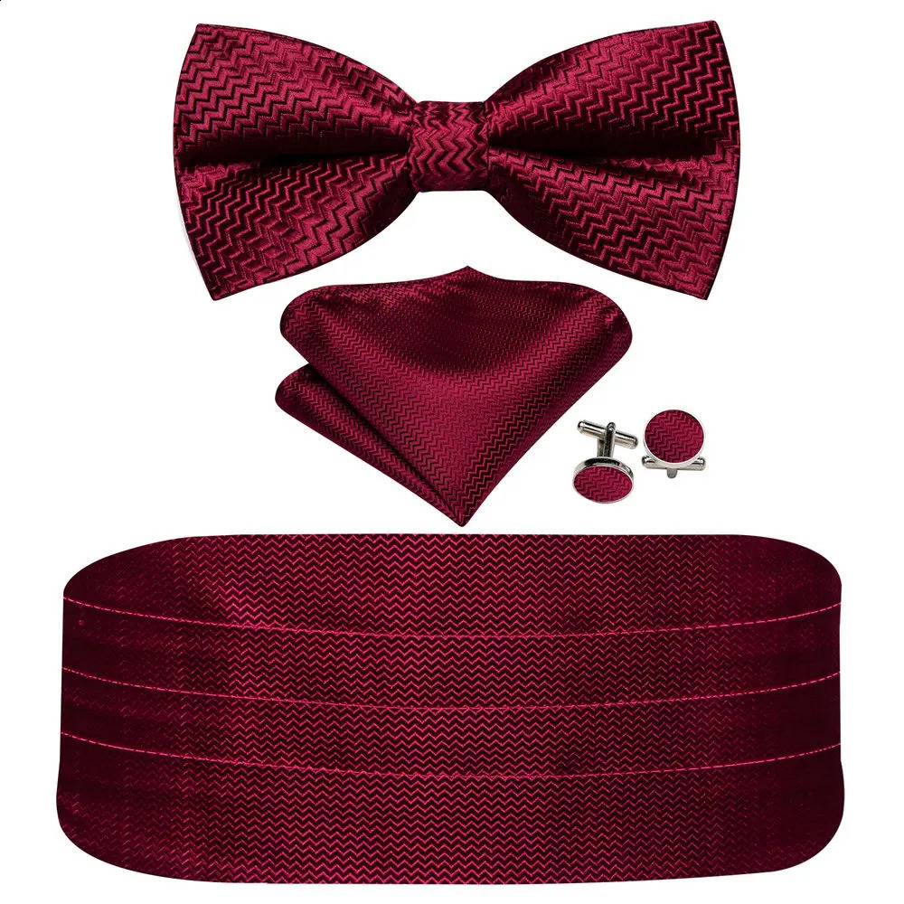 Elegant Wine Red Men Silk Cummerbund For Tuxedo Classic Wave Bowtie Pocket Square Cufflinks Sets Wedding Party Barry. Wang 1067 241227