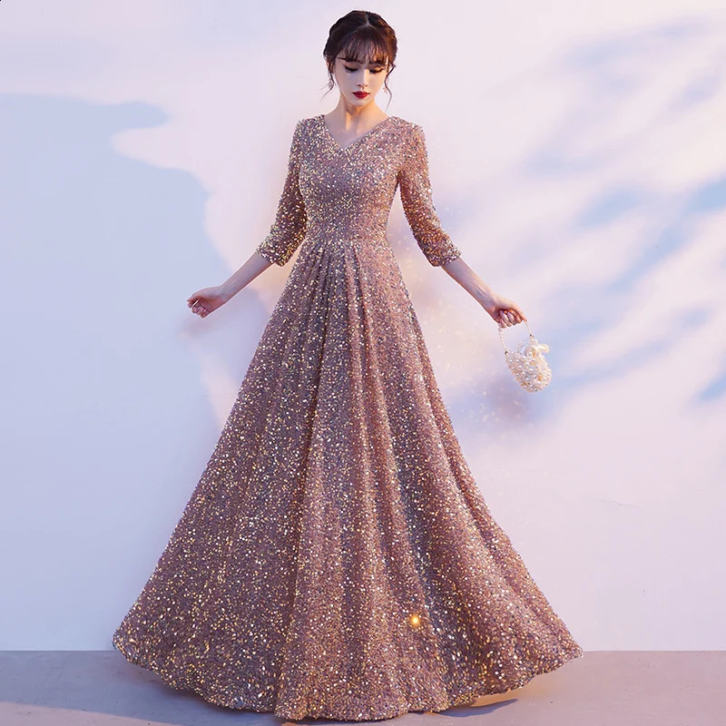 Customized Evening Dresses Deep V-Neck A-line Floor-length Zipper Back Sequins Simple Woman Formal Party Dress RU125 241223