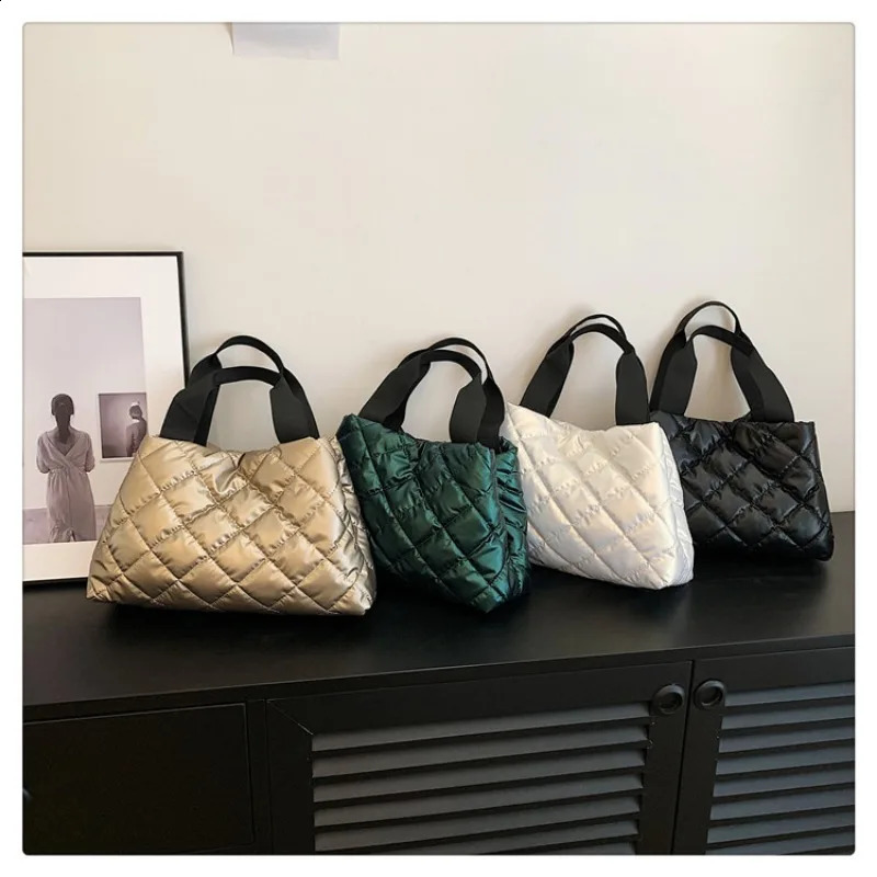 European Style Glossy Cotton Clothing Bag Fashion Embroidery Thread Rhombus Space Cotton Bubble Womens Bag Shoulder Handbag 241227