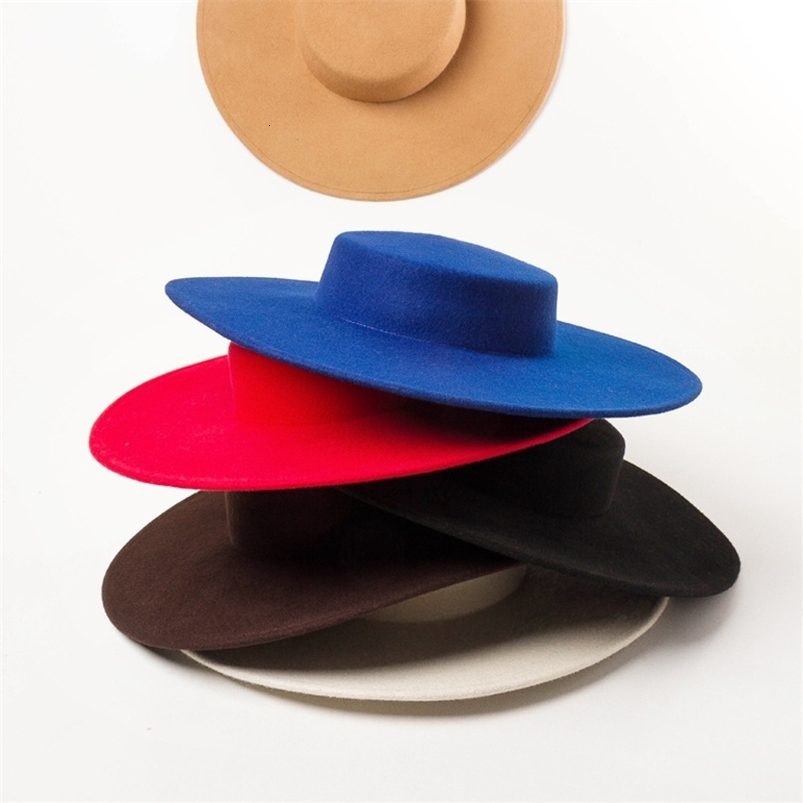 European fashion retro light flat top big brim woolen top hat catwalk stage performance modeling felt big brim hat 6 color 241227