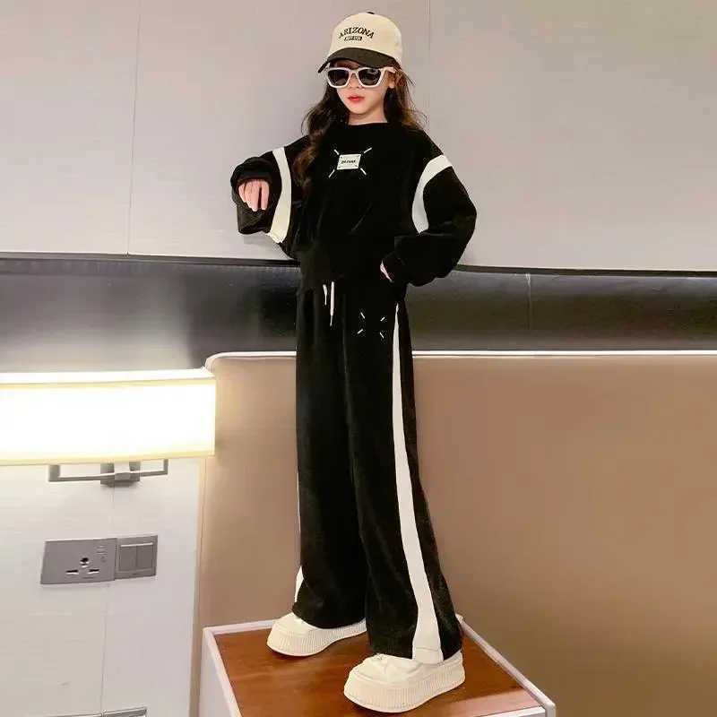 Girls Casual Sports Suit Clothes Spring and Autumn Junior Children Korean Fashion Splicing Tops Long Pants 2 Piece Sets 3-15Y X241228