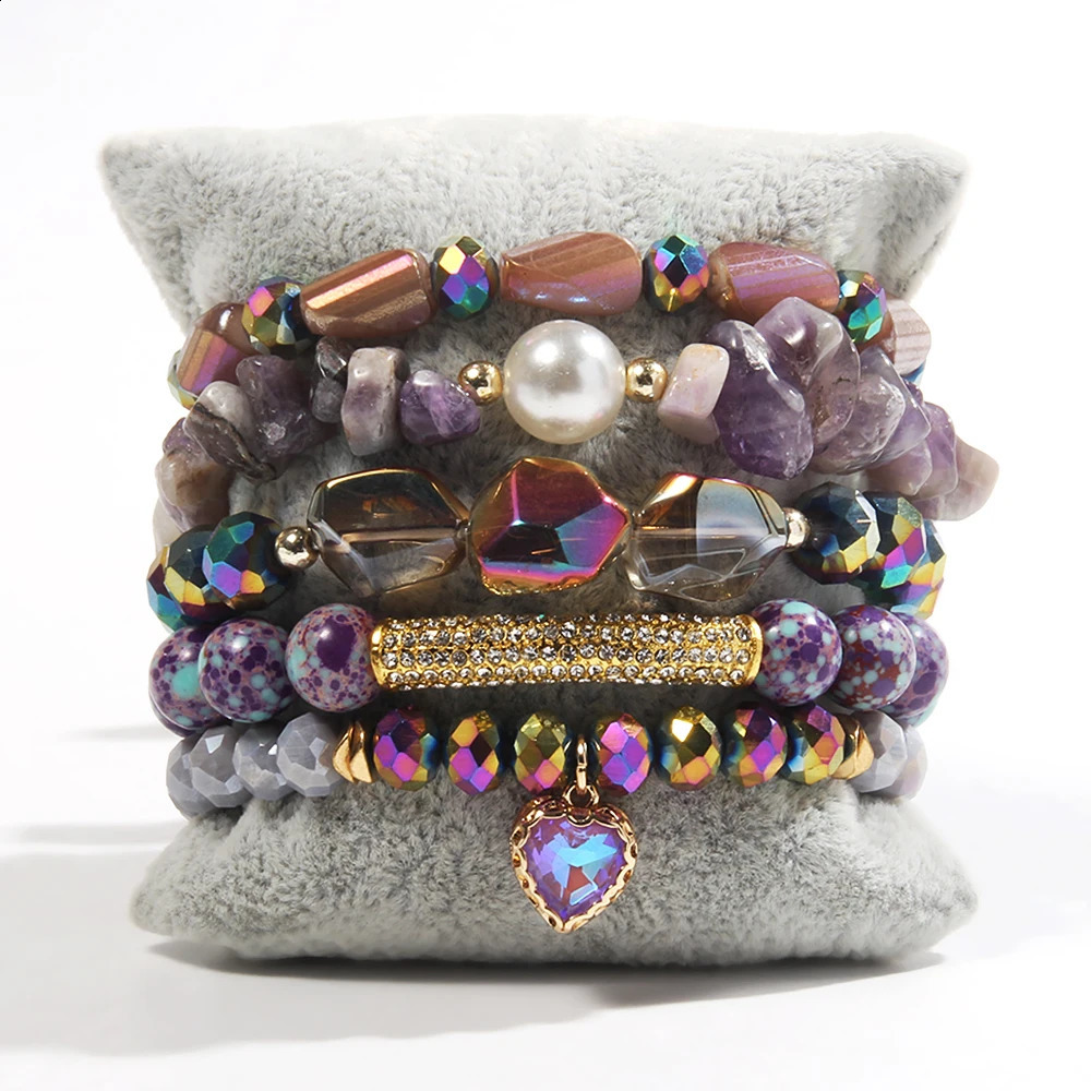 Summer Fashion Bohemian Womens Jewelry 5pcs Natural Stone Glass Handmade Beaded Elastic Bracelet Druzy Stack Bracelet Set 241227
