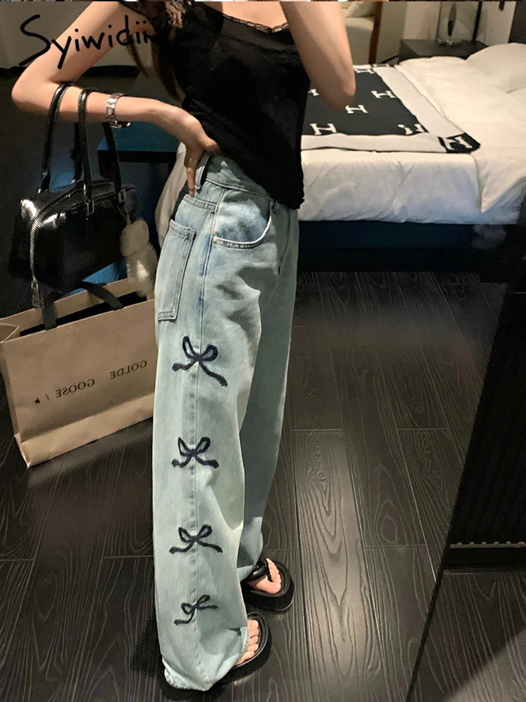 Syiwidii Bow Embroidery Baggy Blue Jeans for Women Korean Fashion High Waisted Y2k Wide Leg Streetwear Slouchy 241228