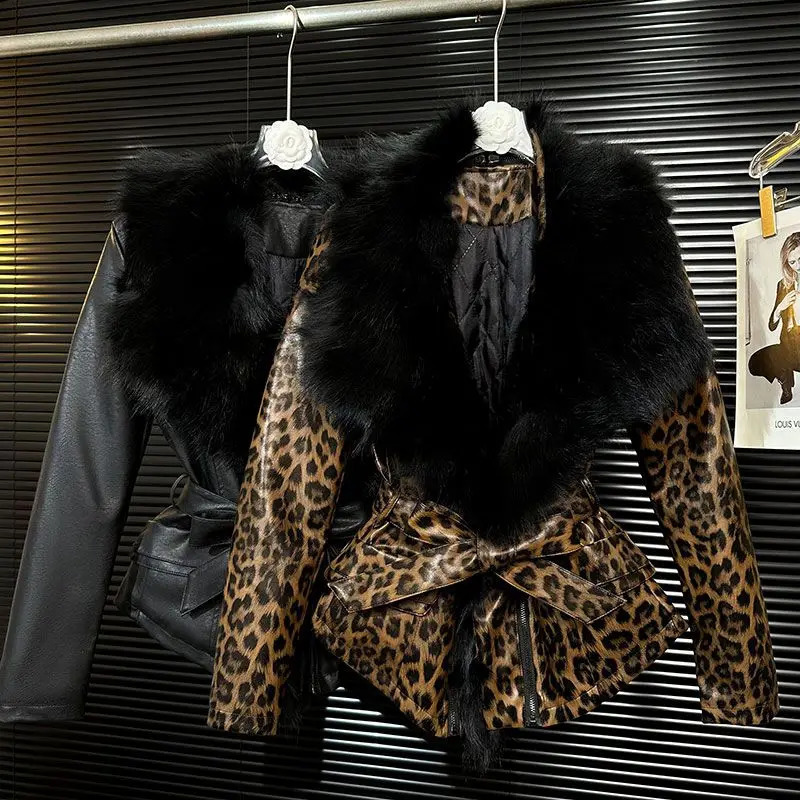 Fashion Waist Cinched Slimming Leopard Print Coat Women Clothing Winter Coat Large Fur Collar PU Leather Jacket for Women 241220