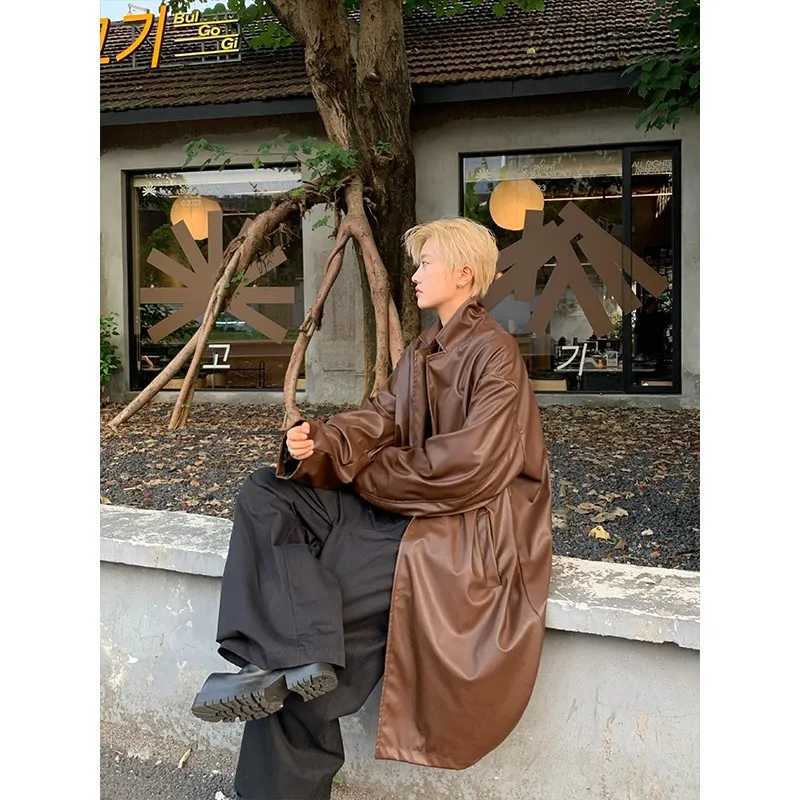 Neutral black PU leather long groove coat womens Gothic groove coat luxury autumn loose windproof coat W241228