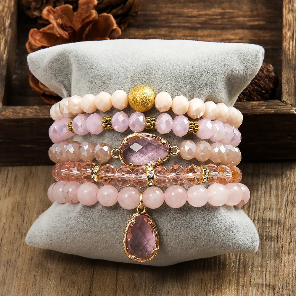 Simple Bohemian Women Jewelry 8mm Natural Stone Shining Glass Handmade Beaded Elastic Bracelet 5pcs Stacked Bracelet Set 241227