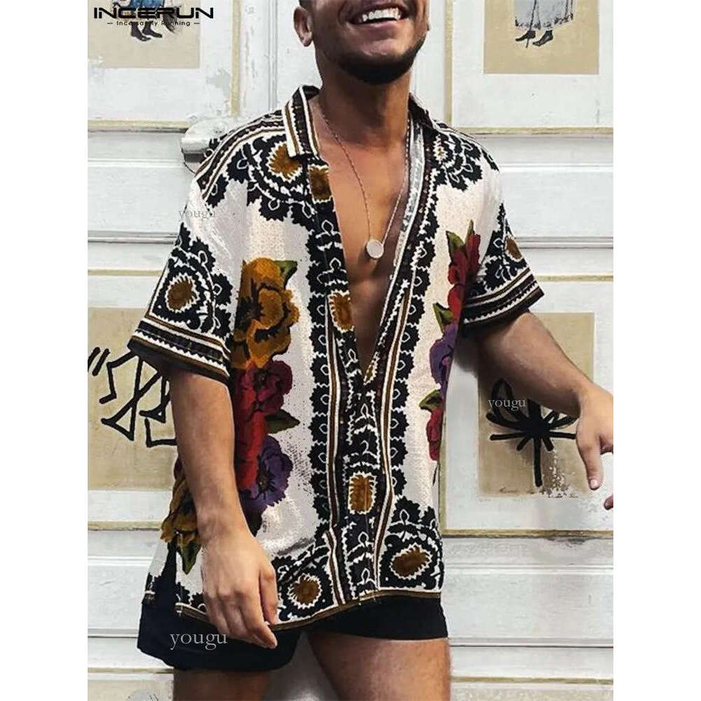 Men's Casual Shirts INCERUN Men Casual Shirt Printing Lapel Button Short Sleeve Summer Men Clothing Vacation Vintage Streetwear Camisas S-5XL 7 2