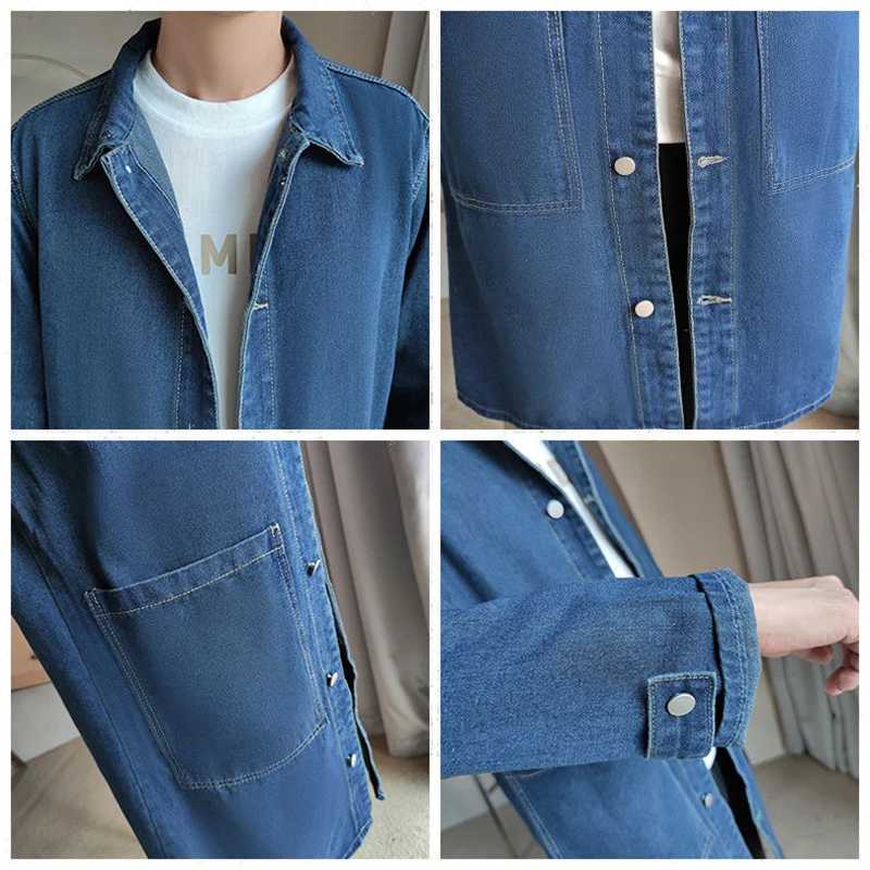 Retro denim trench coat mens mid to long loose top windproof autumn and winter plush thick coat jacket W241228
