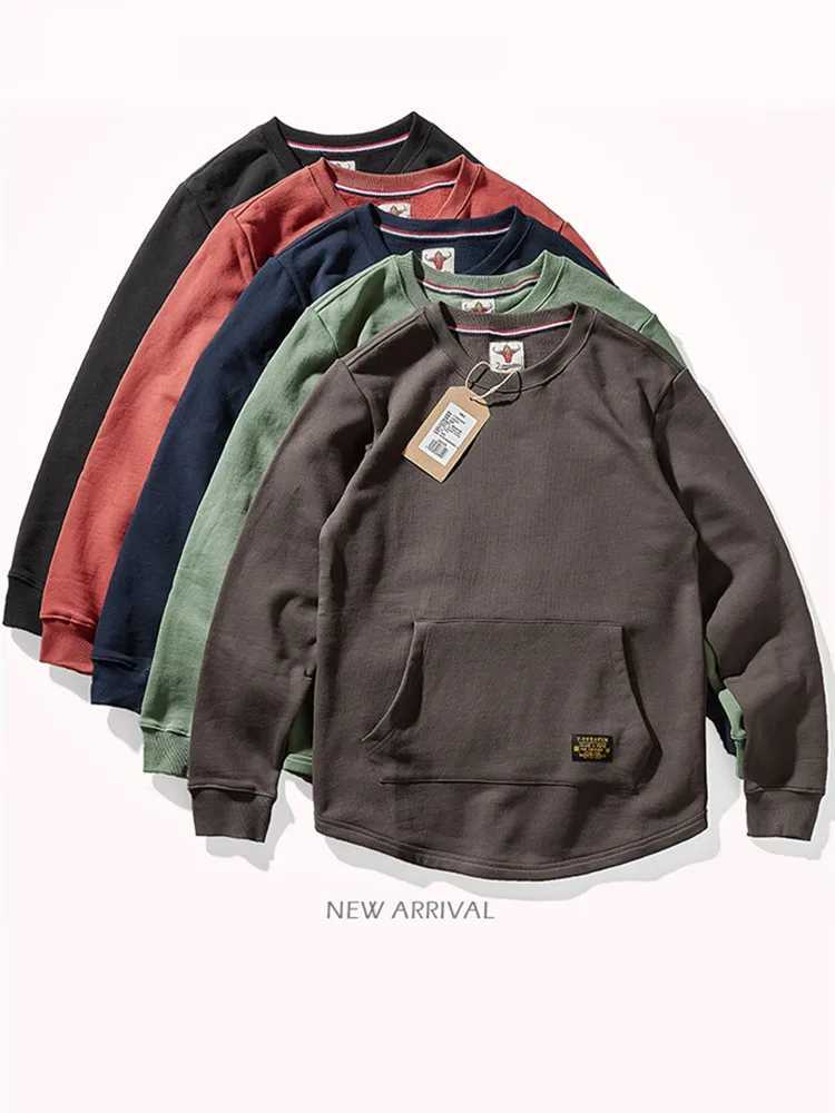 Autumn Winter New American Retro Heavyweight Velvet Kangaroo Pocket Sweatshirts Mens Simple Pure Cotton Washed Casual Sportwear X241228