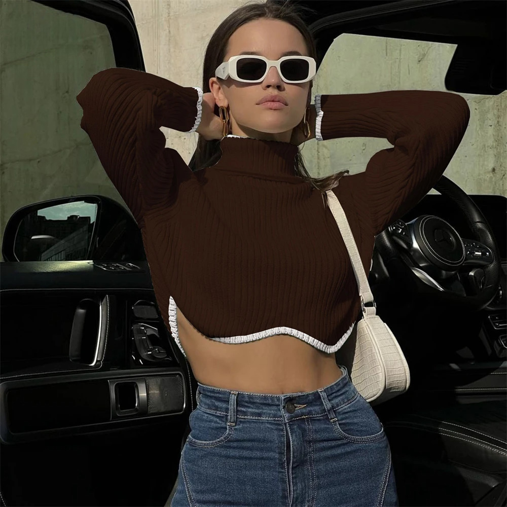 Y2k Turtleneck Crop Sweater For Winter Solid Knitted Long Sleeve Slim Pullovers Jumpers Knitwears Women Clothing