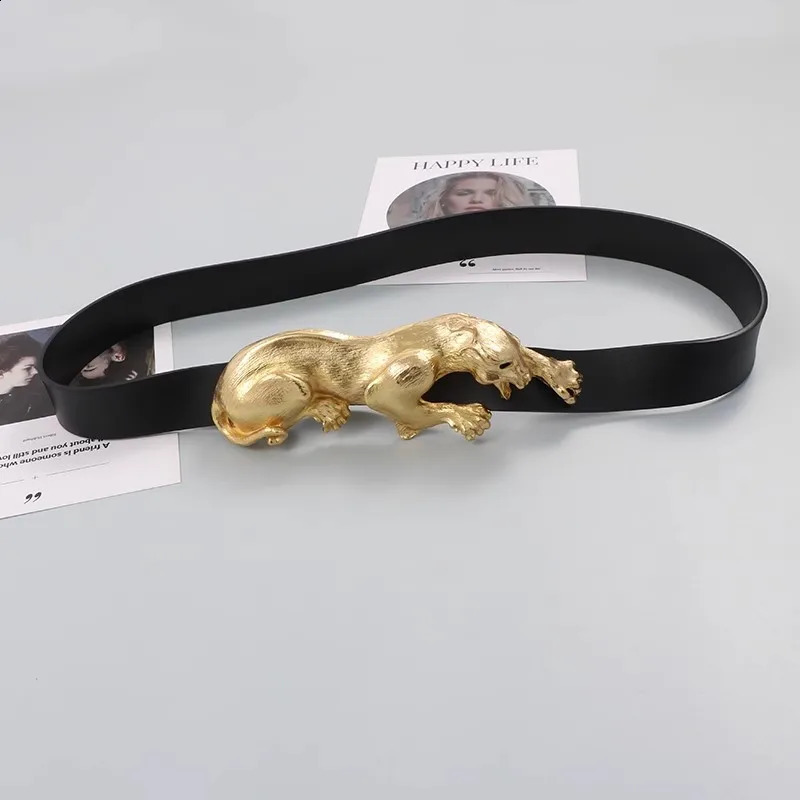 Womens Fashion Black Genuine Leather Gold Leopard corset Female Cummerbund Coat Waistband Dress Decration Wide Belt J005 241227