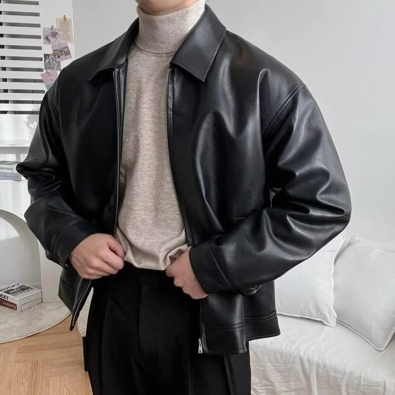 Motorcycle Mens Leather Jacket Coat Fashion Lapel Collar Zipup PU Jackets Men Winter Outdoor Streetwear 241220
