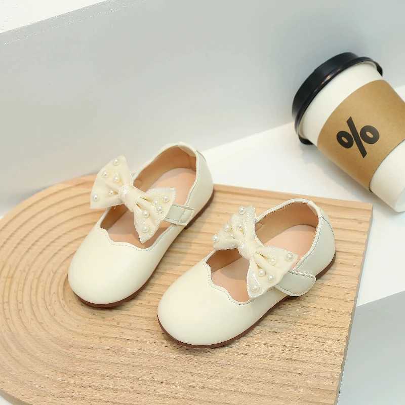 Childrens Mary Jens Pearl Bow Solid Color Girl Princess Shoes Light Sweet Unique Anti slip Preschool Flat Shoes 21-30 W241228