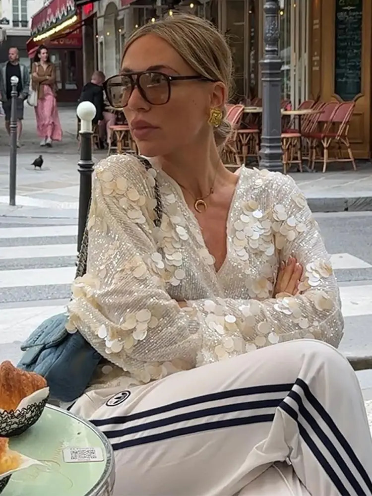 Elegant Sequins Kimono Style Jacket For Women V Neck Long Sleeve Lace Up Thin Coats Autumn Female High Street Outerwear 241226