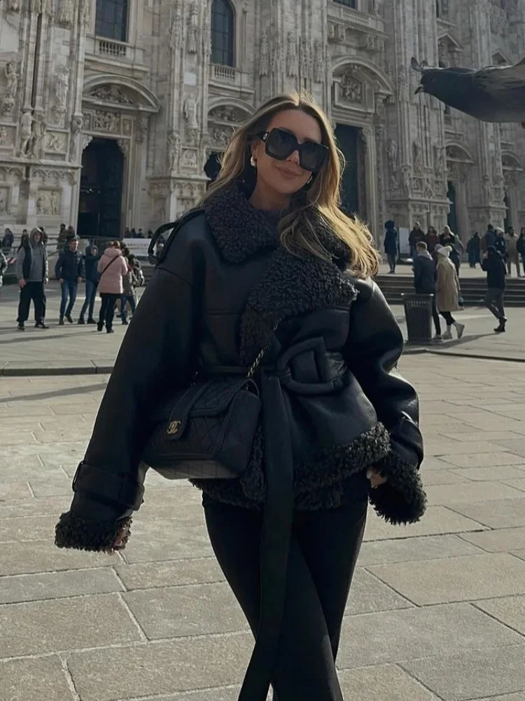 Casual Winter Warm Sherpa Jackets Fashion Spliced Sheepskin Long Sleeve Lace Up Cropped Outerwears Lady Street Clothing 241227