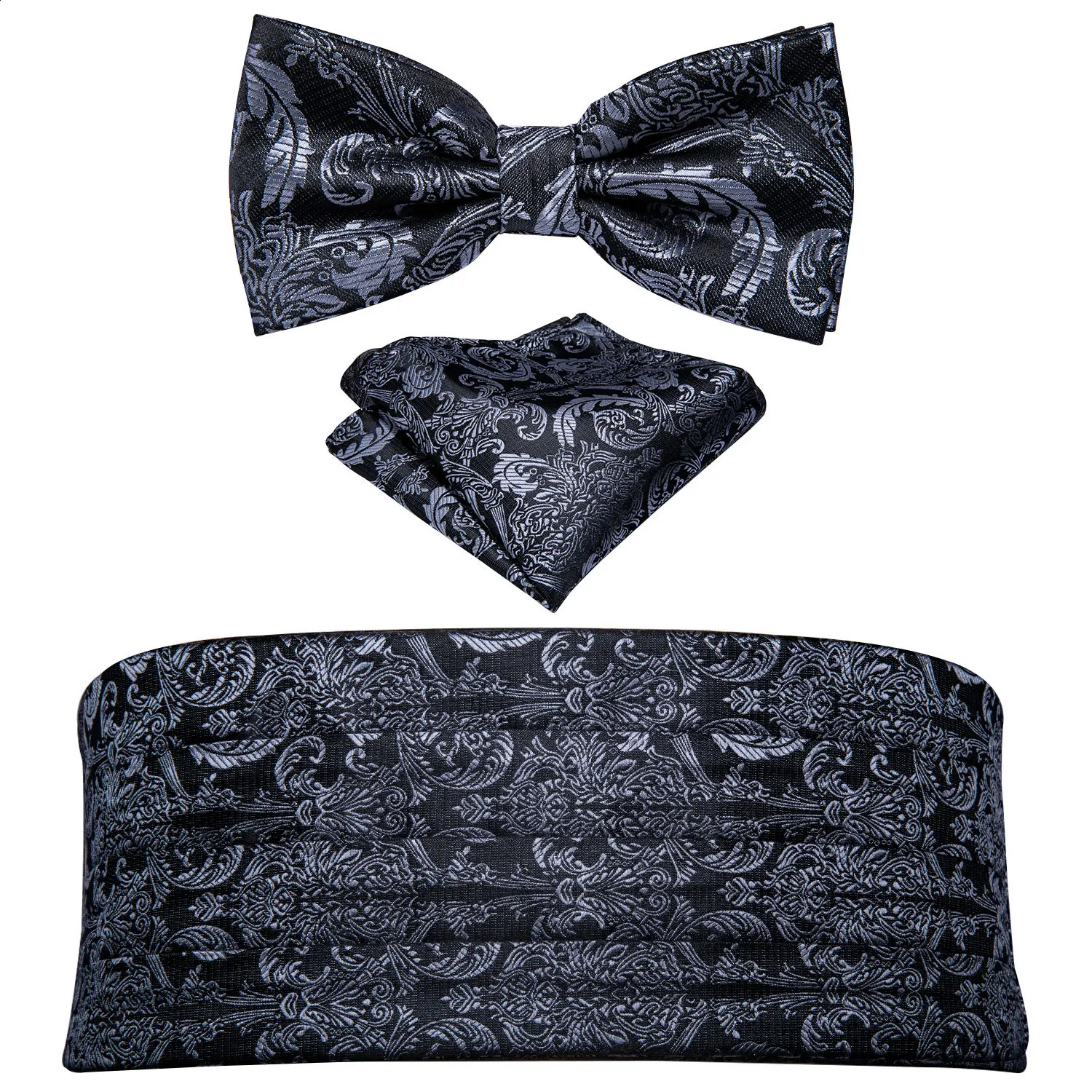 Black Paisley Men Cummerbund Silk Floral Bow Tie Set Pocket Square Cufflink Formal Tuxedo Suit Accessories Barry. Wang B-100 241227