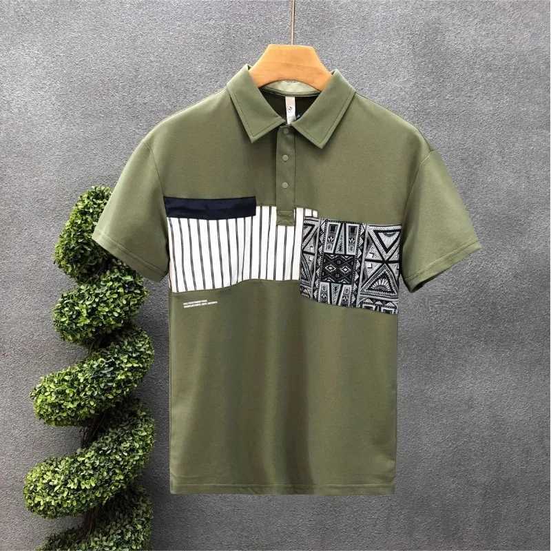 Simple Trend Summer Mens Square Neck Printed Contrast Button Korean Casual Short Sleeve shirt Top X241228