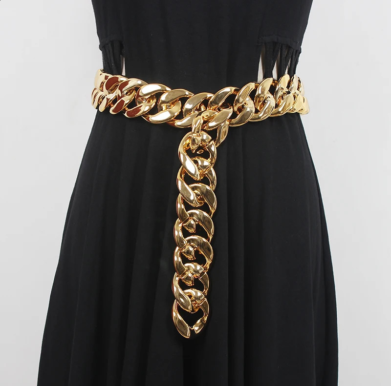 Womens runway fashion gold chain Cummerbunds female Dress coat Corsets Waistband Belts decoration wide belt R3507 241227