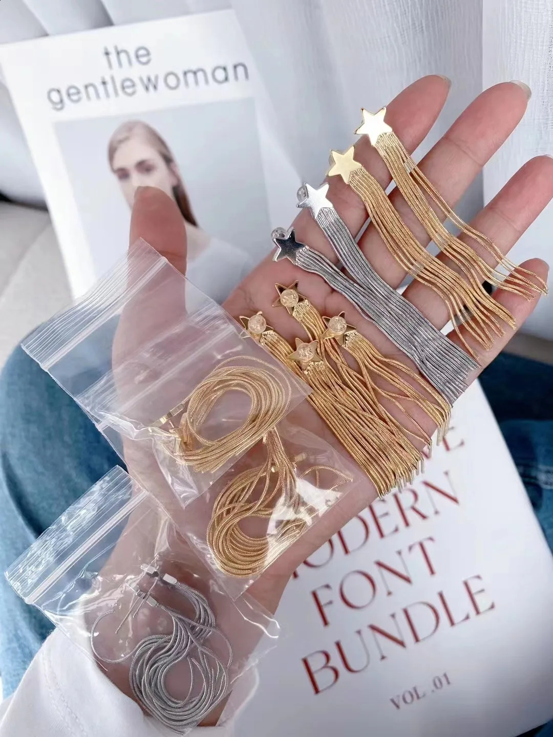 3 Pairs Fashion Star Tassel Dangle Earrings for Women Korean Gold Color Metal Punk Long Chains Stud Earings Femme Jewelry 241226