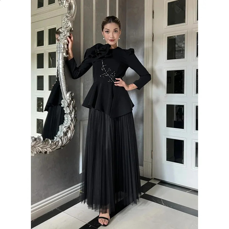 Indie customized Elegant O Neck Black Prom Gown Women Beaded Floral Party Evening Dress Ankle Length Formal Occasion Dresses 241223
