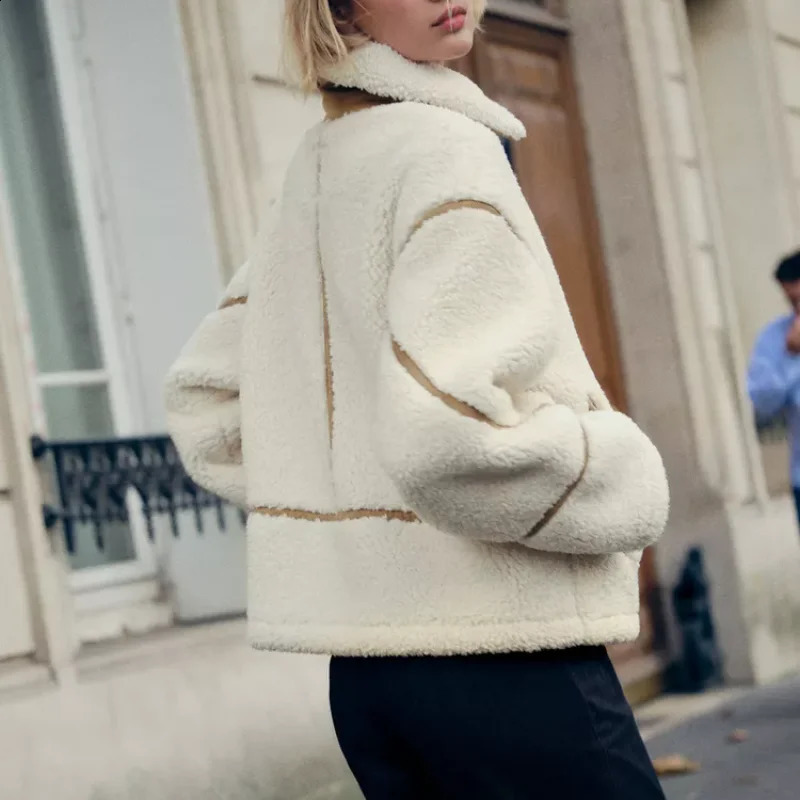 style lapel zipper sherpa jacket womens winter fashion warm fleece double-sided jacket 241227