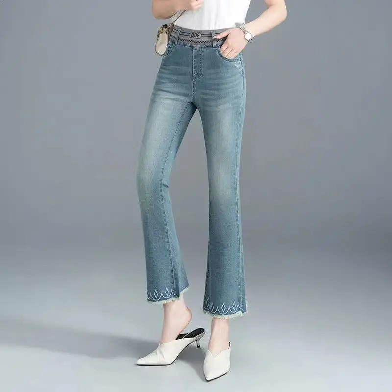 Womens Jeans Denim Flare Elastic Band High Waist Slim Flash Fashion Allmatch Comfortable Office Lady Washed Pants 241228