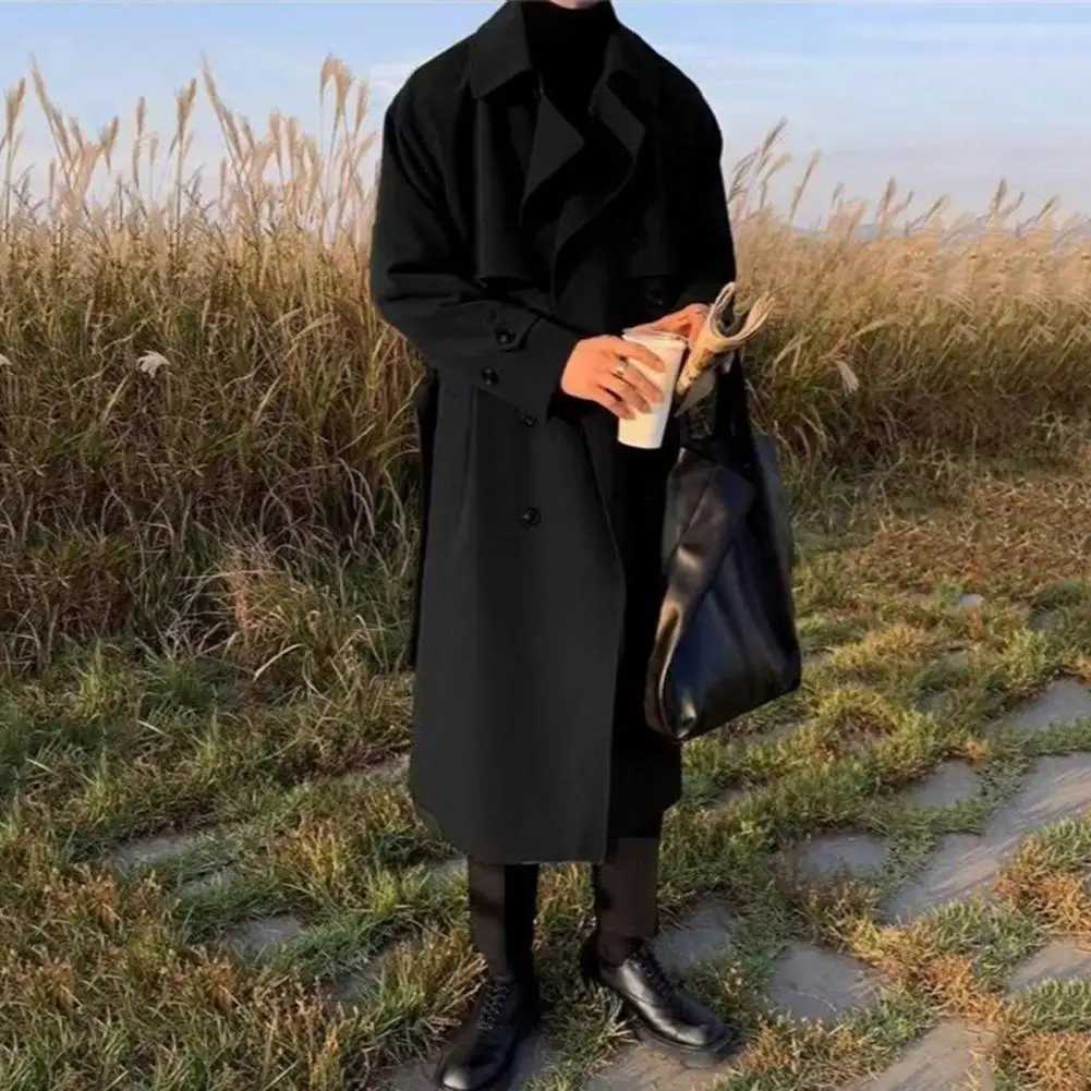 Mens Windbreaker Coat Lapel Long Sleeve Double Breasted Trench Coat Loose Fit Autumn Winter Mid-length Outwear W241228