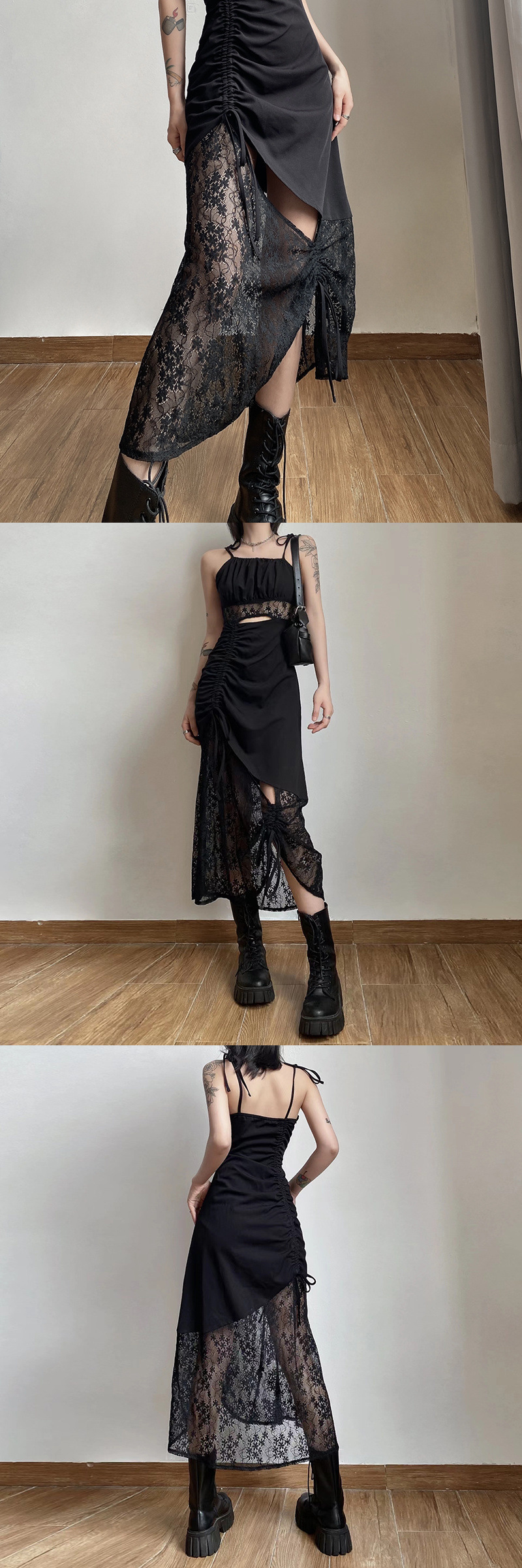 S160 Lace splicing suspender dress for women, backless, slim, hollow, pleated, waist-hugging chic long dress