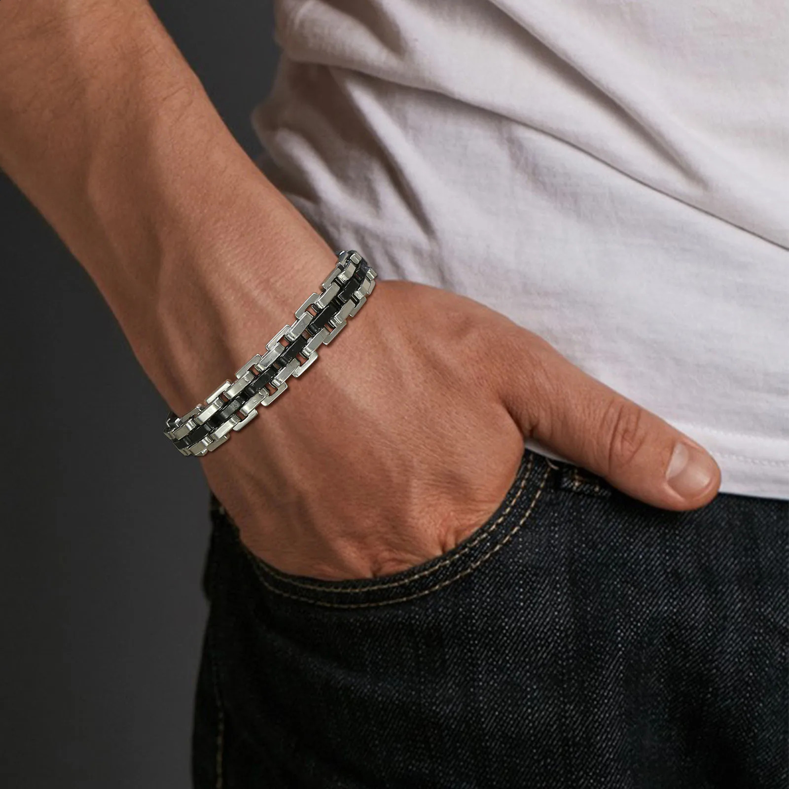 Vnox Stylish Strap Chain Bracelets for Men Boys Gift Jewelry 107MM Wide Stainless Steel Links Wristband Fathers Day Dad 241223