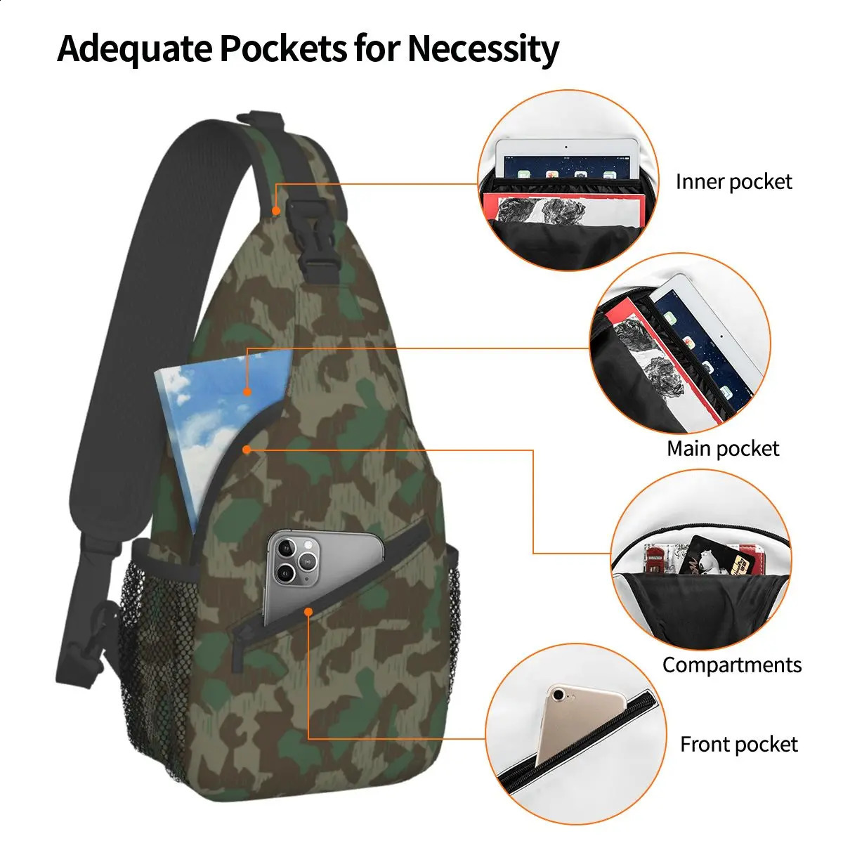 German Splittermuster Camouflage Crossbody Sling Bag Small Chest Bag camo Shoulder Backpack Daypack Hiking Travel Cycling Bag 241228