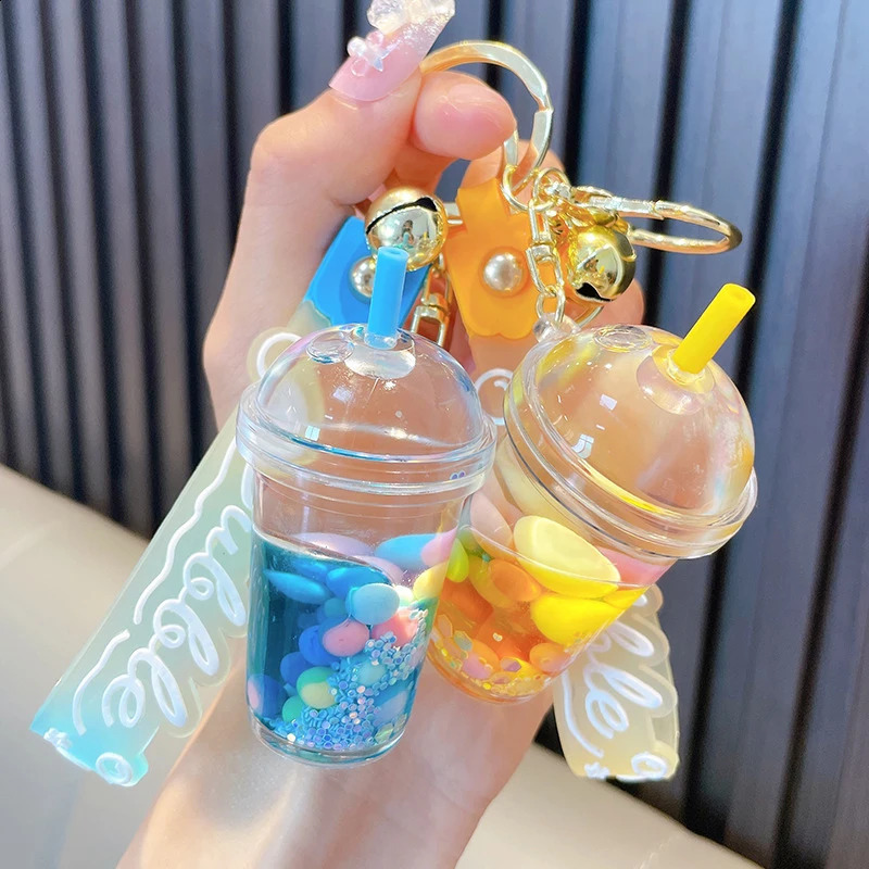 Cute Liquid Pearl Milk Tea Cup Key Chain Creative Quicksand Floating Jelly Bean Keyring Backpack Pendant Keychain Gift For Women 241224