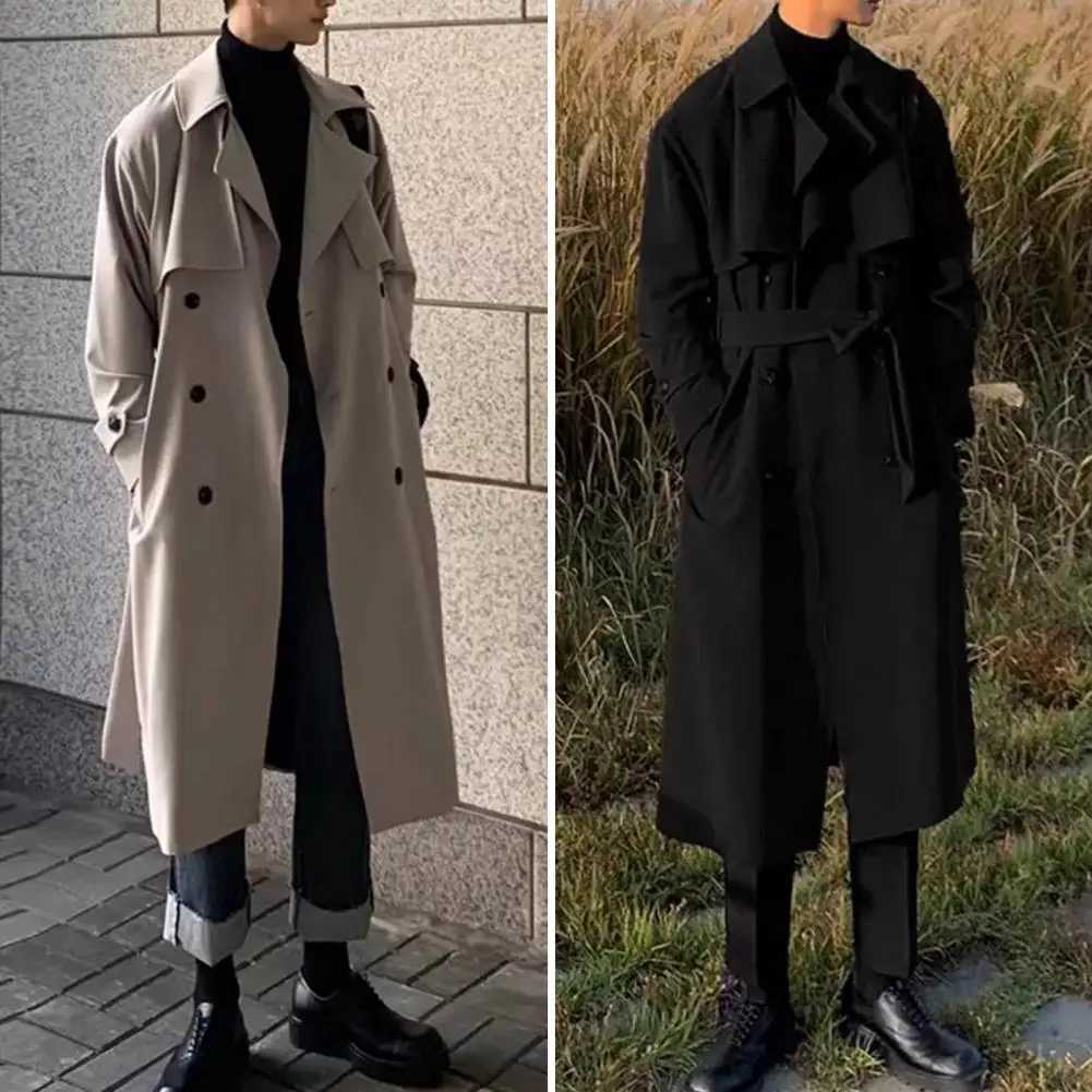Mens Windbreaker Coat Lapel Long Sleeve Double Breasted Trench Coat Loose Fit Autumn Winter Mid-length Outwear W241228