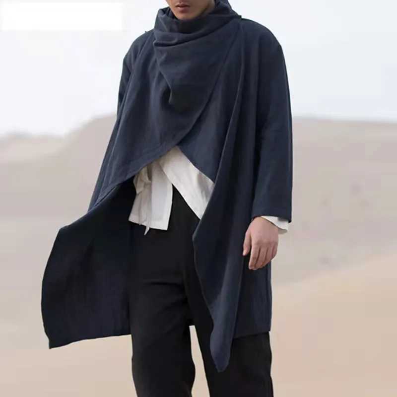 Retro Raincoat Mens Irregular Open Front Coat Long Sleeve Scarf Collar Trench Cotton Coat Solid Coat Mens Street Clothing W241228