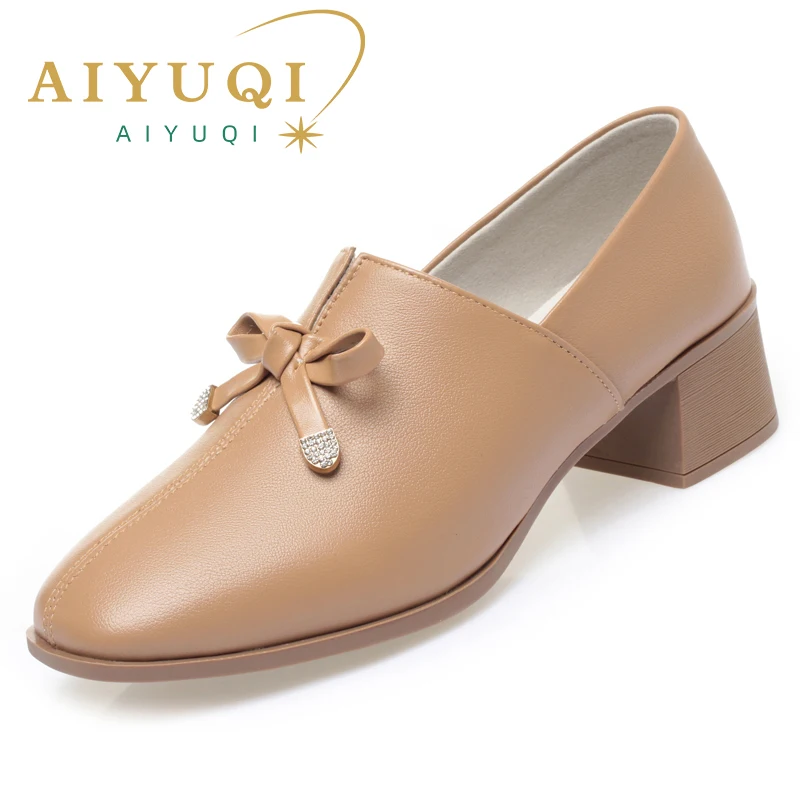 AIYUQI Dress Shoes Women Genuine Leather Fall Thick Heel Large Size Women Casual Shoes Square Head Women Office Shoes