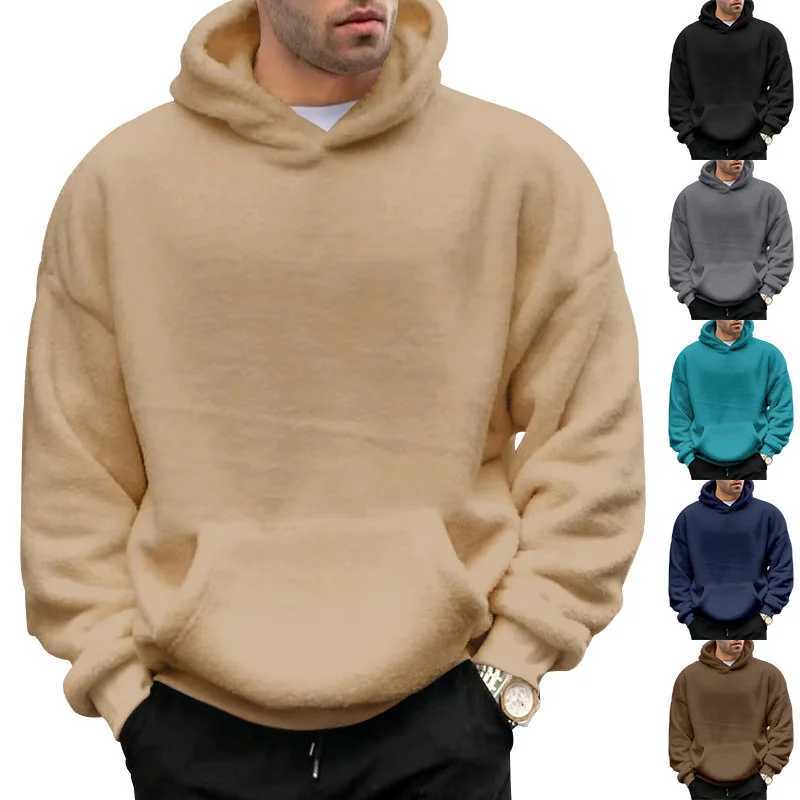 Autumn Winter New Fashion Hoodies Long Sleeve Solid Lamb Wool Sweatshirts Mens Clothing Casual Loose Pockets Korean Trend Tops X241228