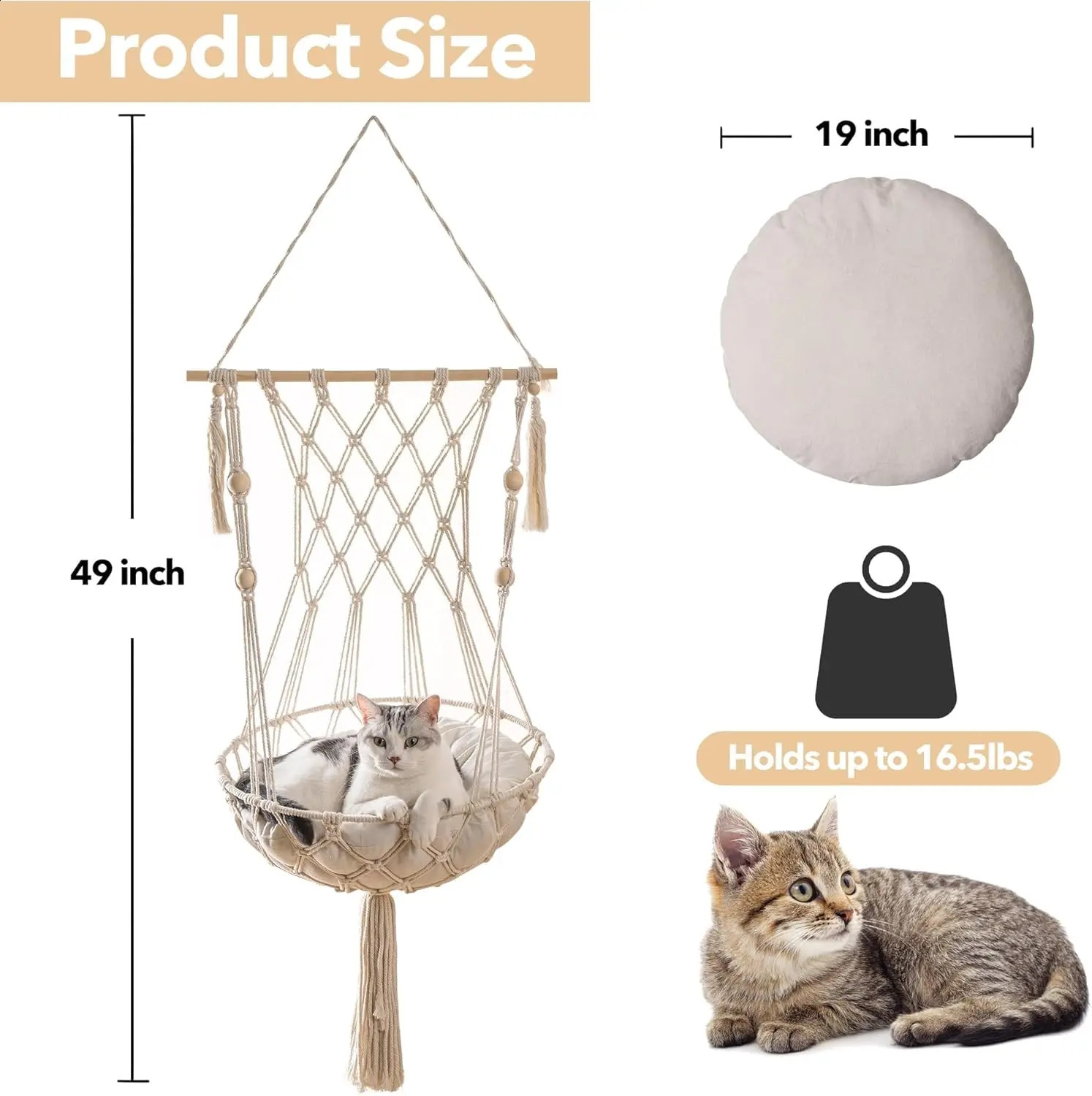 Mewoofun Cat Hammock Handwoven Cat Swing Bed on Wall Hanging Window Perch with Washed Cotton Mat for Indoor Cats 241225
